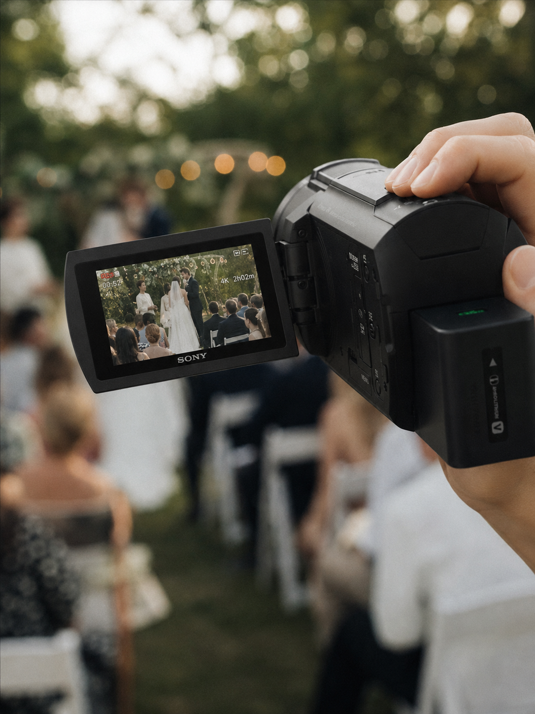 Close-up of a camcorder's flip-out screen showing a candid reception moment, with the warm, slightly grainy home-video look.